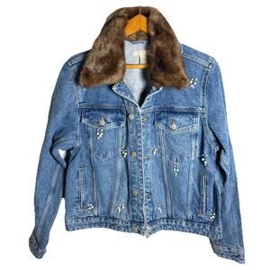 H&M Denim Jacket Removable Faux Fur Collar Embellished Rhinestone’s Pearls 12